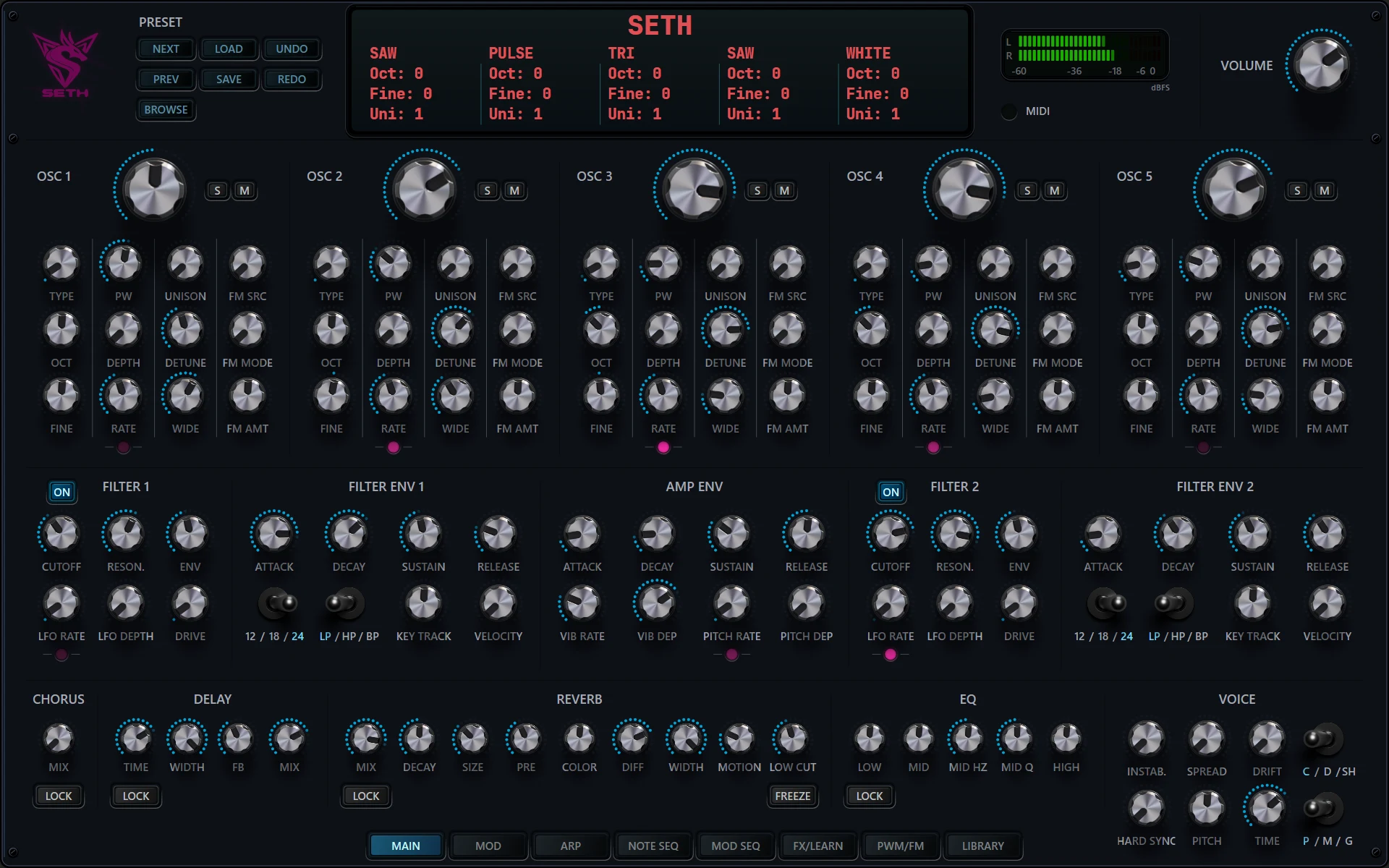 The new Seth interface with five oscillator sections, dual filters and effects.